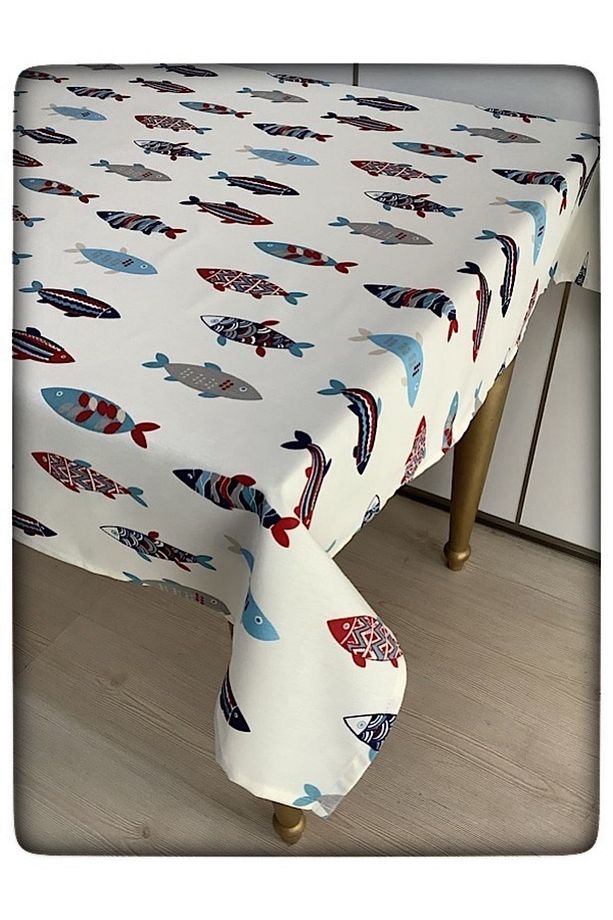 Balık Desenli Duck Keten Dertsiz Masa Örtüsü - 2