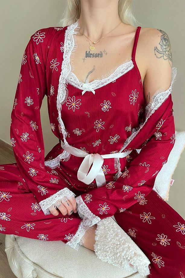 Kırmızı Papatya Desenli Sabahlıklı Pegasus Pijama Takımı - 6