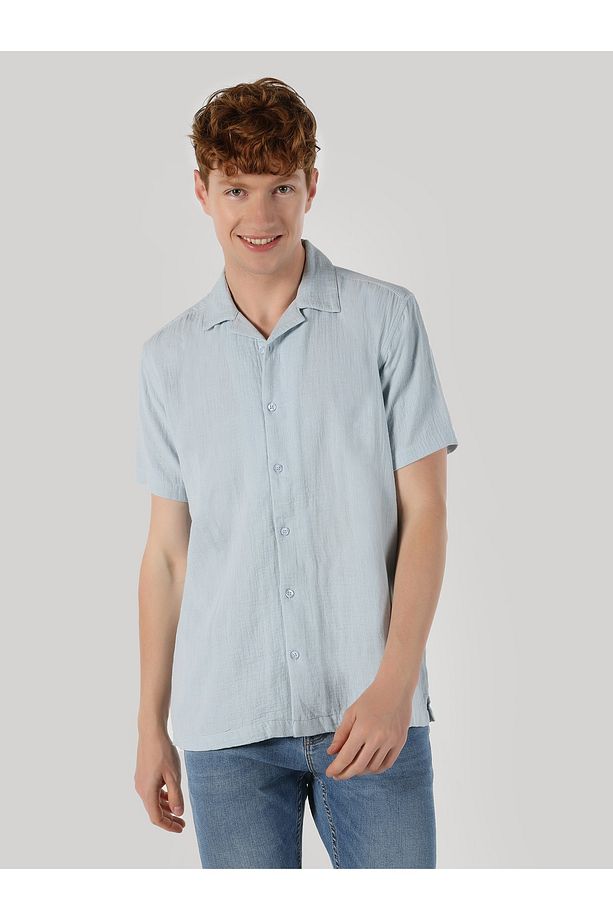 Regular Fit Basic Mavi Erkek Kısa Kol Gömlek - 4