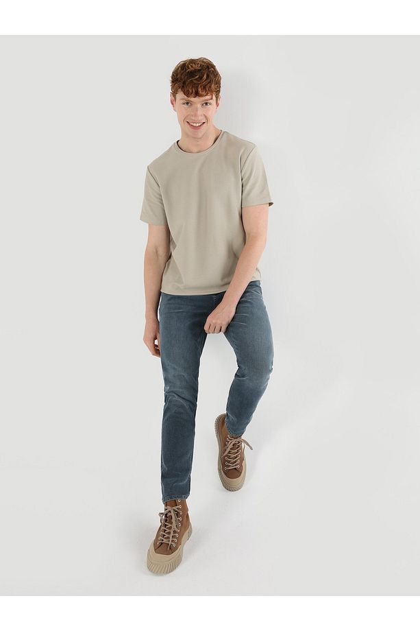 Regular Fit Bisiklet Yaka Basic Bej Erkek Kısa Kol Tişört - 3