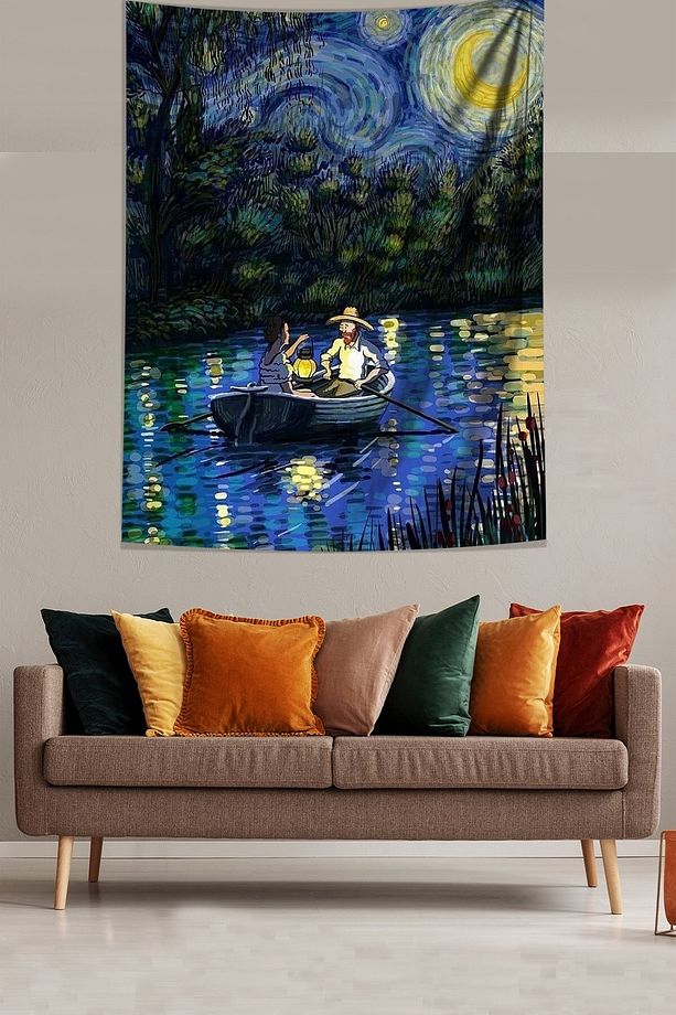 Yıldızlı Gecelerde Kayıkta Van Gogh Leke Tutmaz Kumaş Duvar Örtüsü Duvar Halısı Tapestry - 1