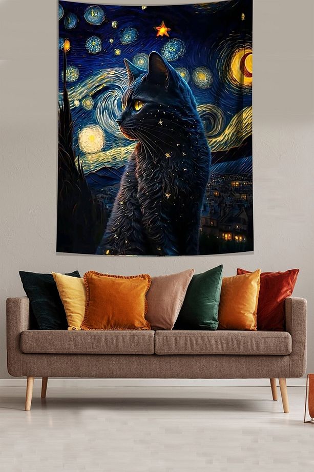 Yıldızlı Geceler Ve Sevimli Kedi Leke Tutmaz Kumaş Duvar Örtüsü Duvar Halısı Tapestry - 1