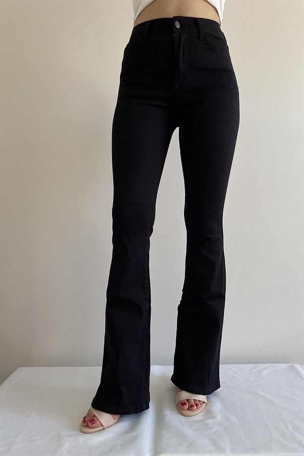 Power Siyah Yüksek Bel Likralı Kadın Ispanyol Paça Flare Jeans - Deldnm - 4