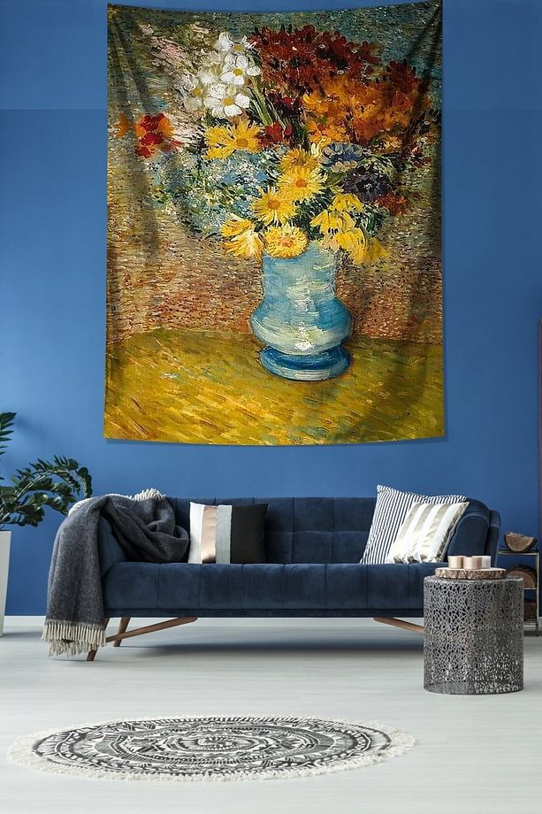 Van Gogh Vazodaki Çiçekler Leke Tutmaz Kumaş Duvar Örtüsü Duvar Halısı Tapestry - 2