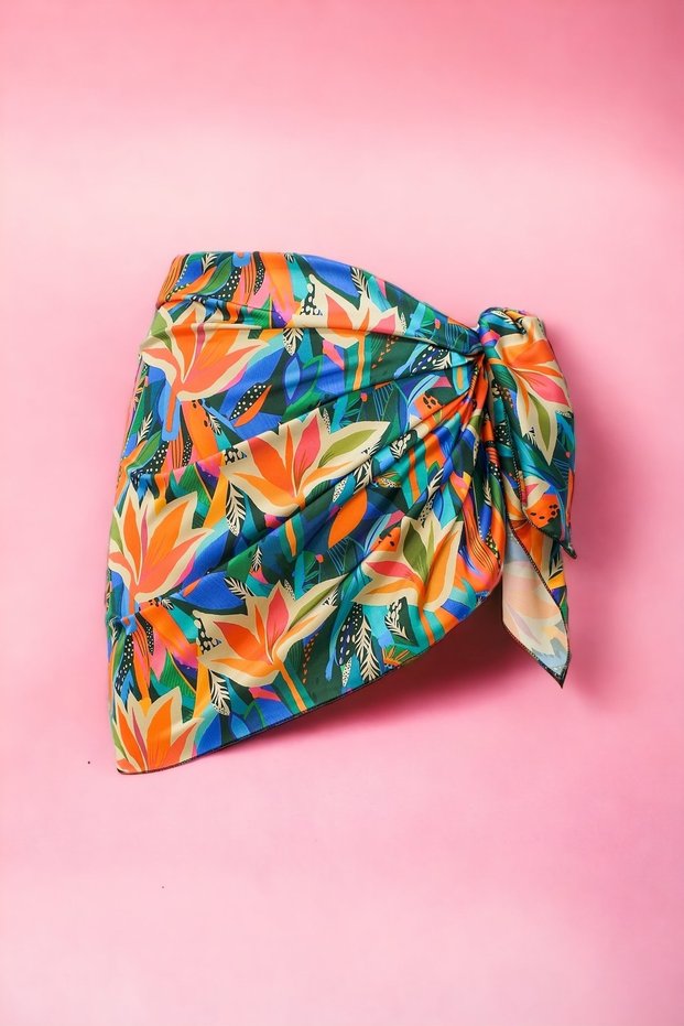 Pink Orange Leaf Patterned Short Pareo Satin No Sheer Women's Beach Dress New Season