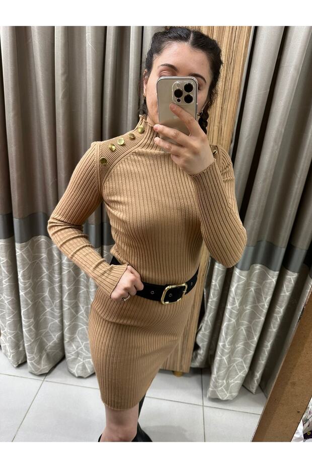 Bej Rengi Triko Elbise - 2