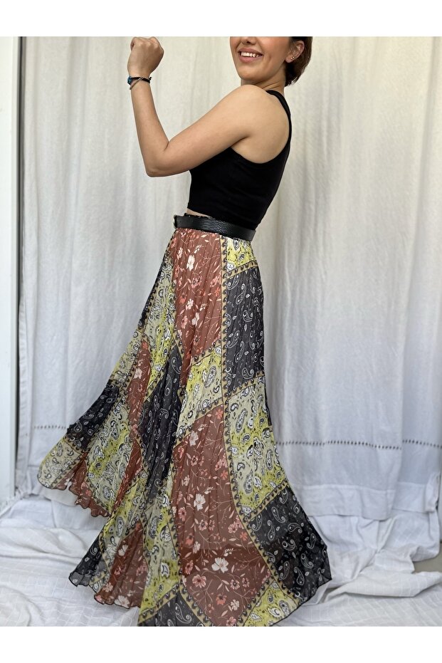 Yellow Ethnic Patterned Pleated Lined Maxi Length Flowy Chiffon Skirt with Elastic Waist - 5