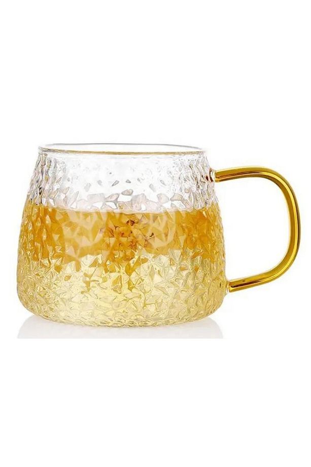 Yeni Tasarım Ezme Dövülmüş Desen Kupa Sarı Kulplu 350 ml Cam Fincan 3 Adet - 4