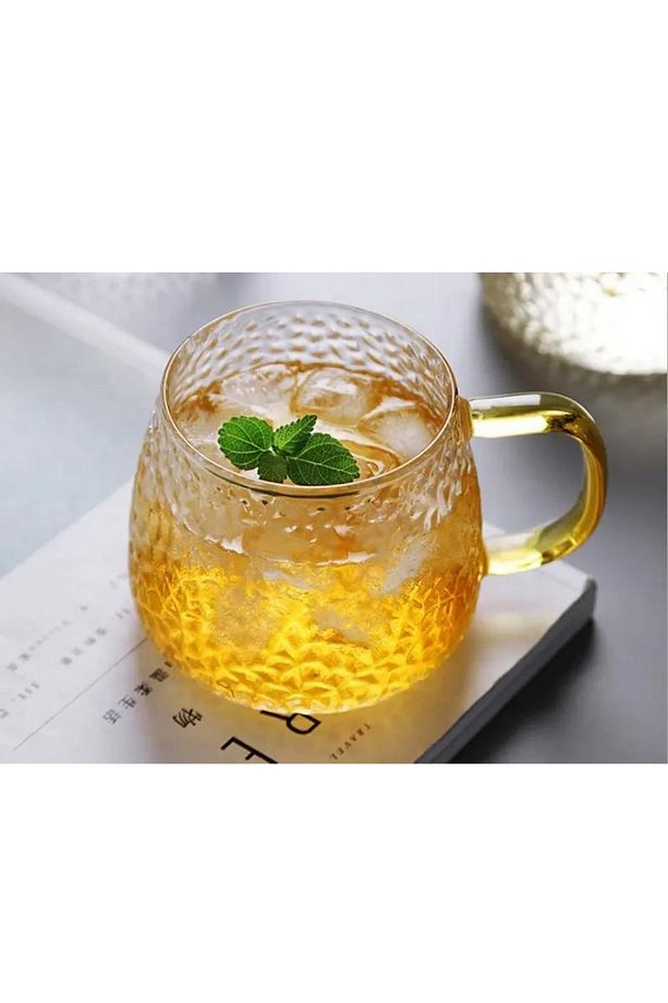 Yeni Tasarım Ezme Dövülmüş Desen Kupa Sarı Kulplu 350 ml Cam Fincan 3 Adet - 9