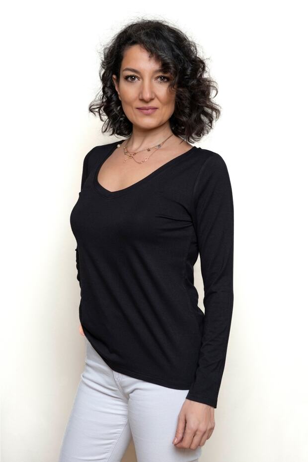 Uzunkol V Yaka Basıc Siyah Tişört - 2