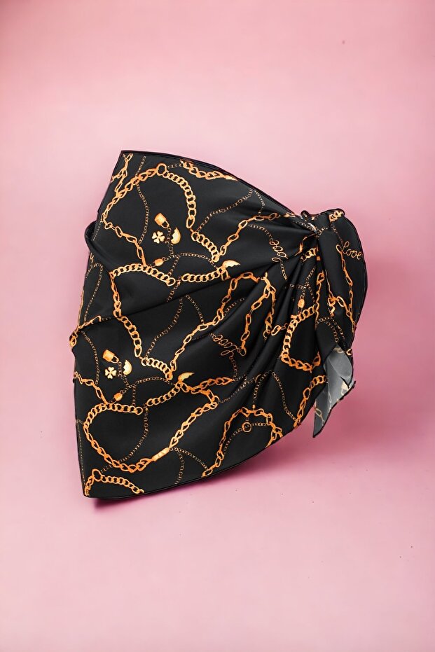 Black Chain Shawl Pattern Patterned Short Pareo Satin No Inner Display Women's Beach Dress New Season