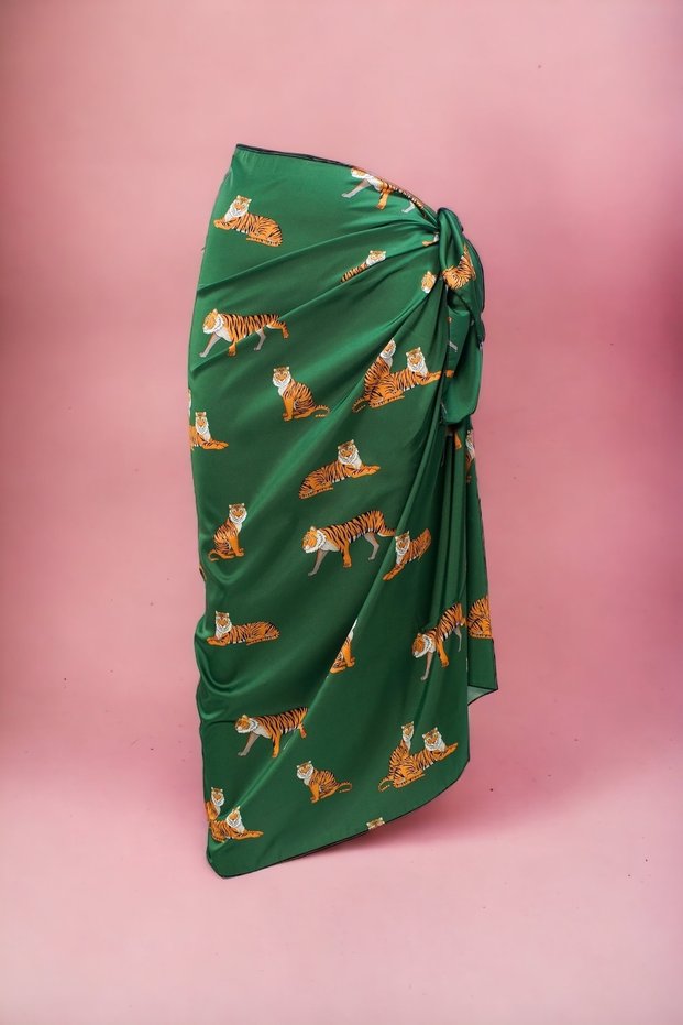 Green Tiger Patterned Long Pareo Satin No-Show Women's Beach Dress New Season