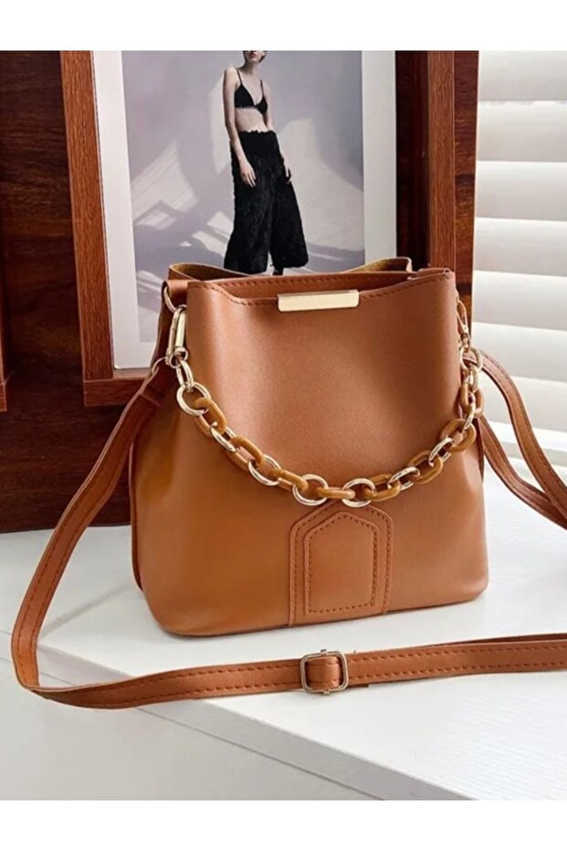 Women's Tan Chain-Accented Soft Leather Bag with 3 Compartments, Handbag and Shoulder Bag