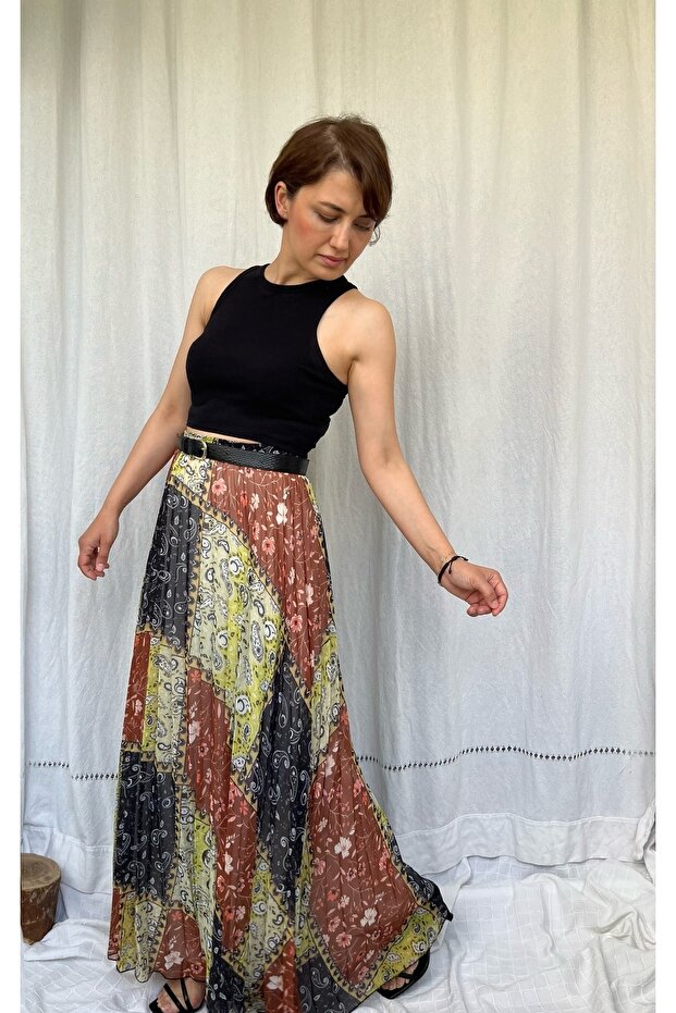 Yellow Ethnic Patterned Pleated Lined Maxi Length Flowy Chiffon Skirt with Elastic Waist - 1