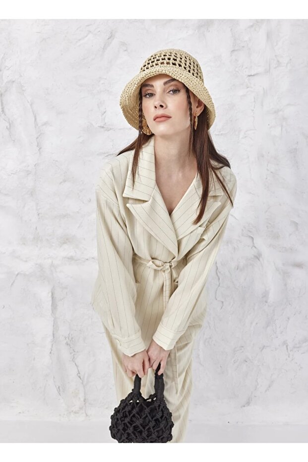 مجموعة مزدوجة من سترة Pntolon مخططة باللون البيج النيلي - 3