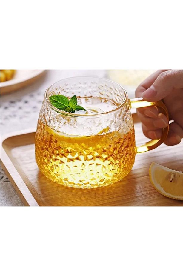 Yeni Tasarım Ezme Dövülmüş Desen Kupa Sarı Kulplu 350 ml Cam Fincan 3 Adet - 8