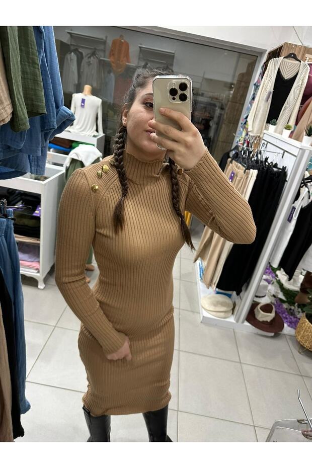 Bej Rengi Triko Elbise - 1