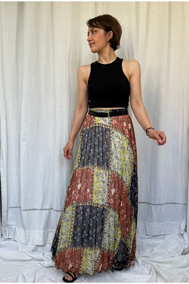 Yellow Ethnic Patterned Pleated Lined Maxi Length Flowy Chiffon Skirt with Elastic Waist - 3