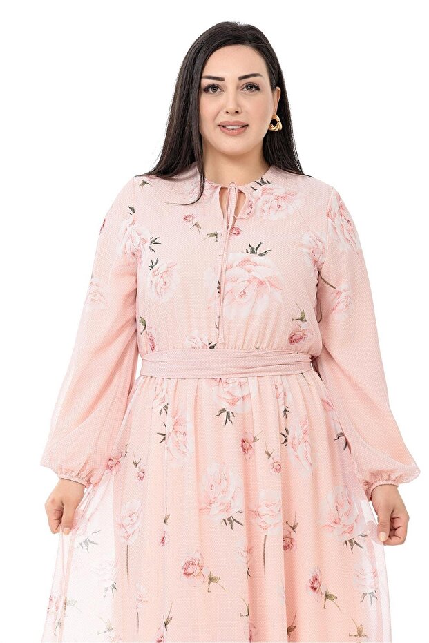 Plus Size Elastic Waist and Sleeve Belted Chiffon Lined Long Pink Dress