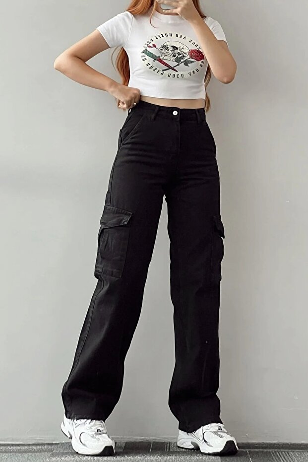 Press Women's Lycra Black No Back Pocket Model Cargo Palazzo Trousers