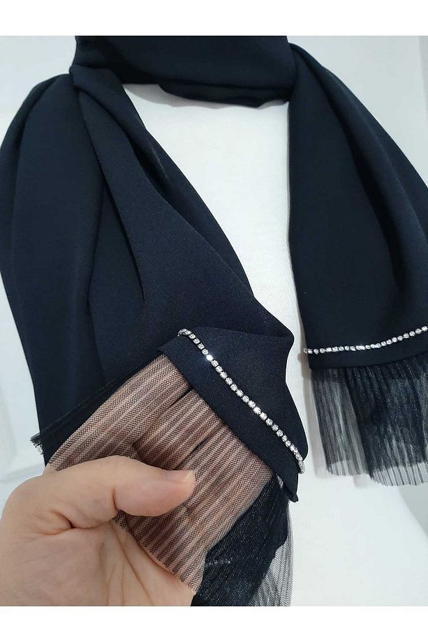 Krep Şifon Kumaştan Lüks Taşlı Tesettür Şal - 7