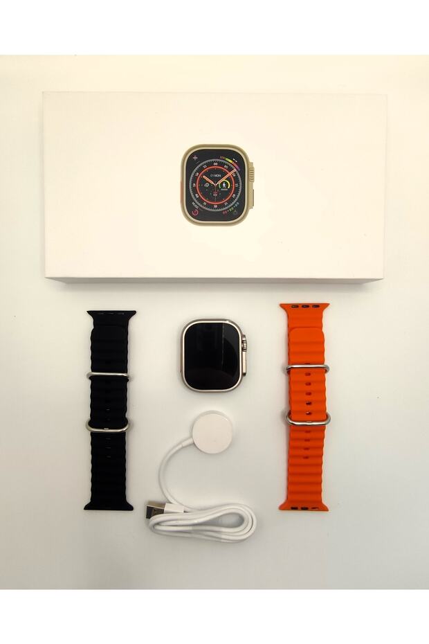 Hello Watch Ultra 49mm 1gb Pusula Nfc Akıllı Saat Ses Kayıt- 2'li Kordon (TURUNCU-SİYAH KORDON) - 1