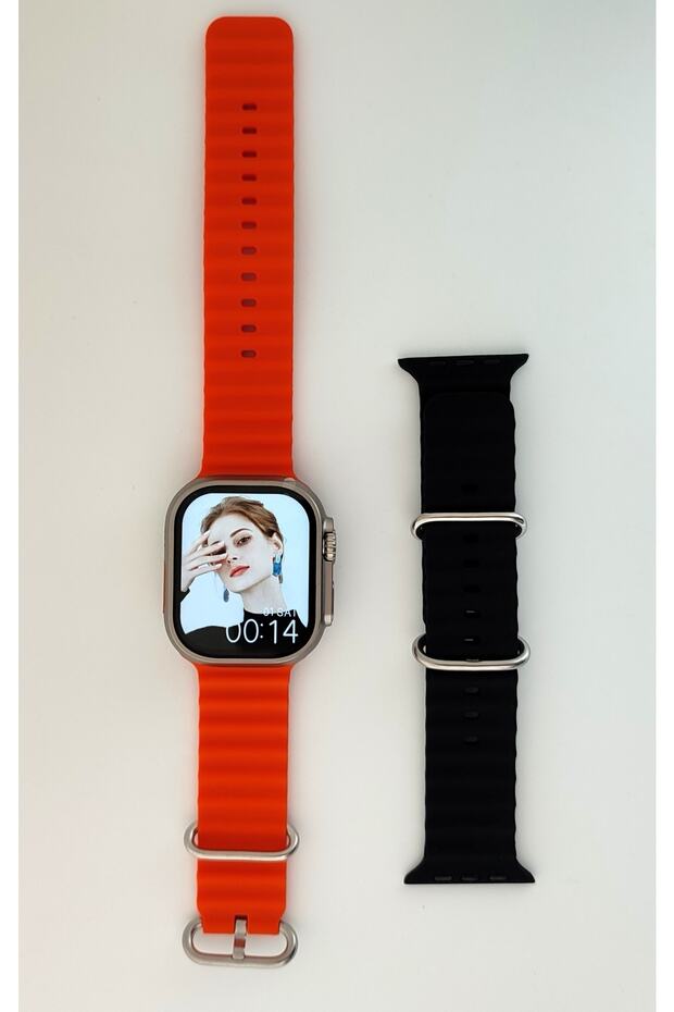 Hello Watch Ultra 49mm 1gb Pusula Nfc Akıllı Saat Ses Kayıt- 2'li Kordon (TURUNCU-SİYAH KORDON) - 3