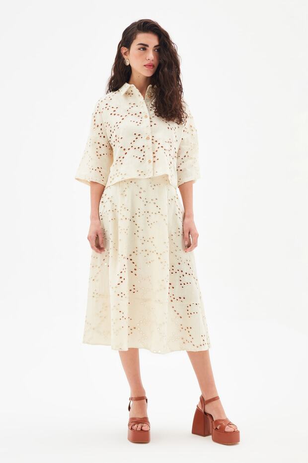 Dirsek Kol Nakışlı Keten Gömlek - 4