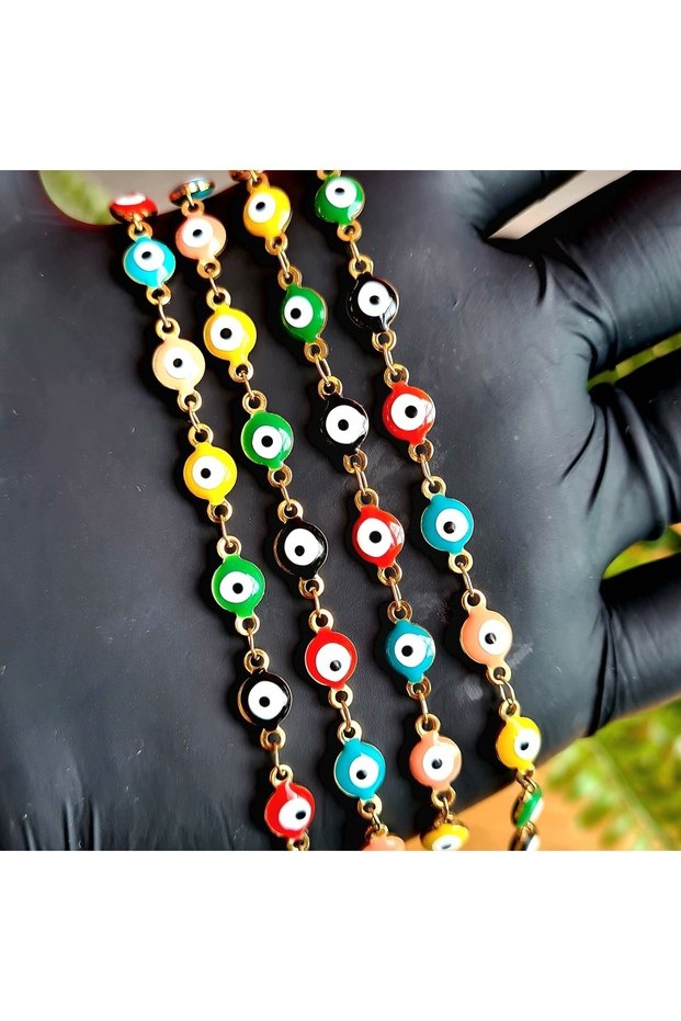 Gold Color Steel Anklet with Evil Eye Bead Figure (1 Piece) (24 5CM) (HANDMADE DESIGN PRODUCTS)