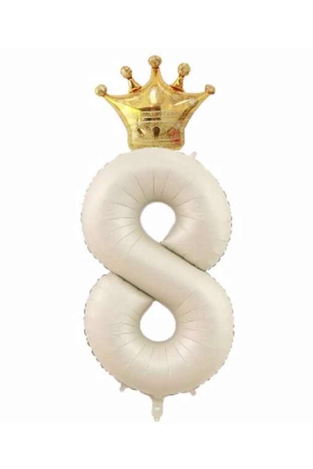 Crown Foil Balloon Set Cream Color 8 Year Old Balloon Foil Set 80 Cm Concept Birthday Set Age Balloon Set