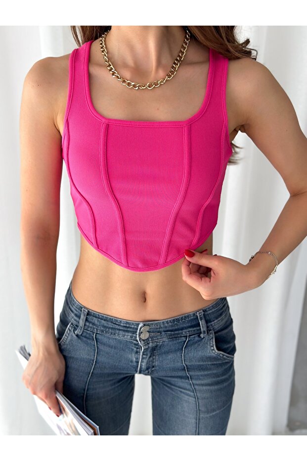 Fuchsia Square Neck Corset Look Corset Women's Crop Blouse