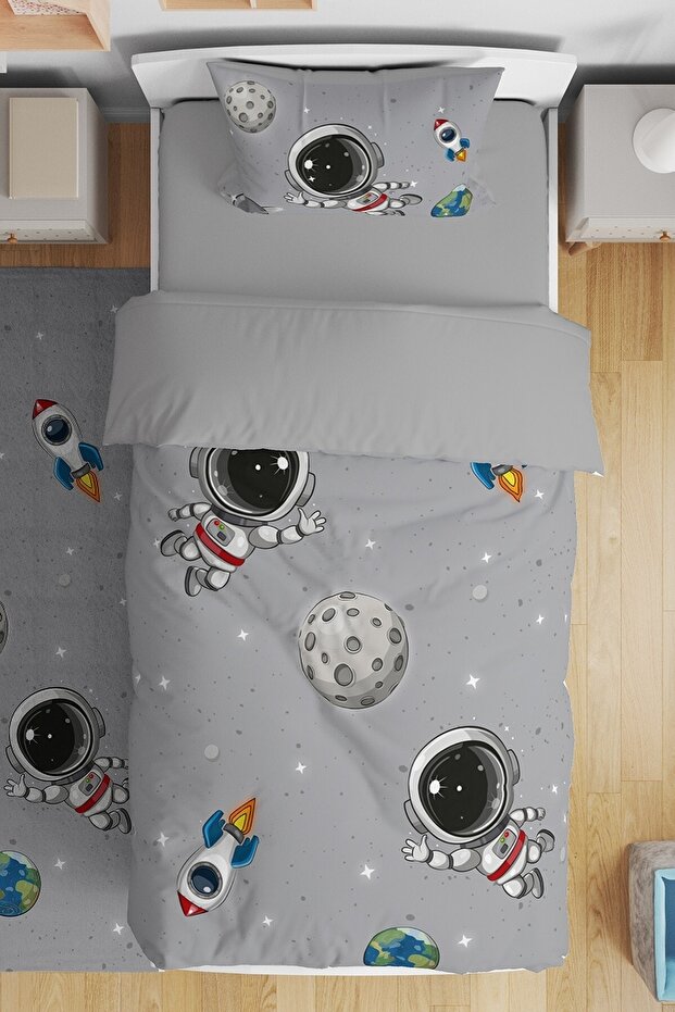 Gray Space and Little Astonaut Patterned Single Baby Kids Bedding Set