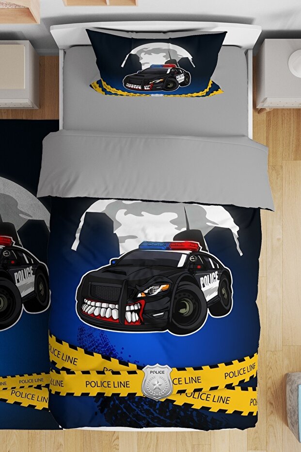 Navy Blue Monster Police Vehicle Patterned Single Baby Kids Bedding Set