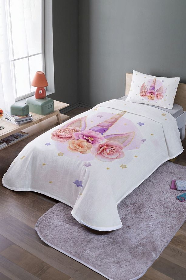 Altın Güller Unicorn Taçı Desenli Tek Kişilik Pike Takımı Ve Yatak Örtüsü - 1
