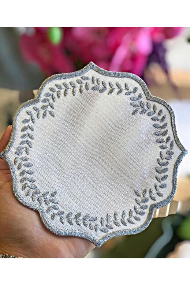 Round Gray 6-Piece Cocktail Presentation Napkin Maras Work Glaze Embroidery Embroidered Coffee Presentation Napkin