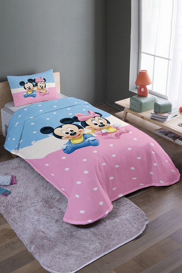 Pembe Mavi Mickey Ve Minnie Desenli Tek Kişilik Pike Takımı Ve Yatak Örtüsü - 2