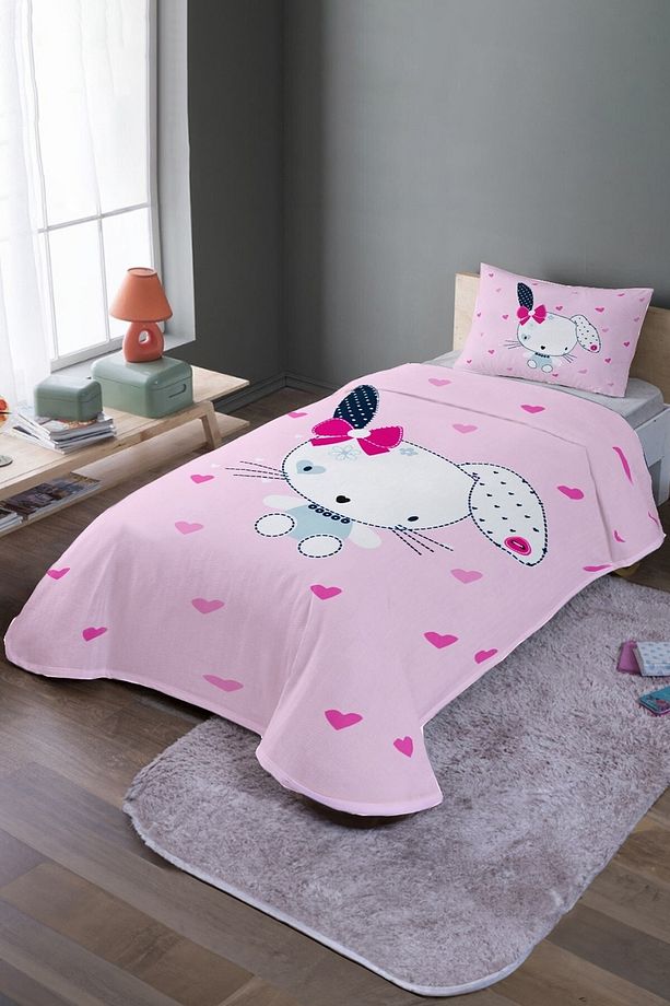 Pembe Bez Tavşan Desenli Tek Kişilik Pike Takımı Ve Yatak Örtüsü - 2