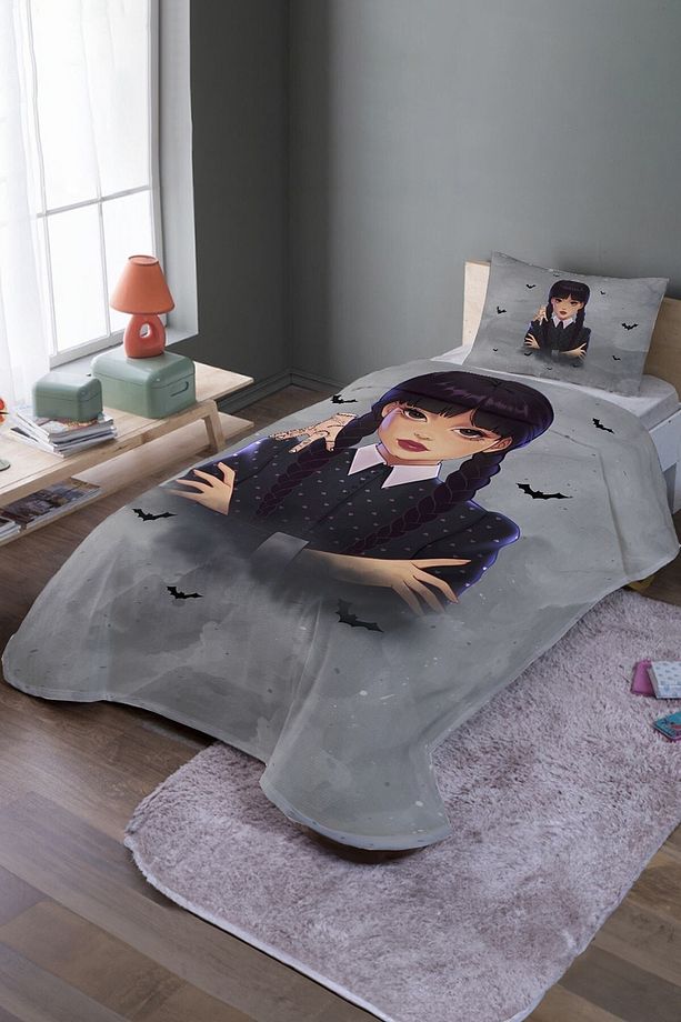 Gri Wednesday Desenli Tek Kişilik Pike Takımı Ve Yatak Örtüsü - 2