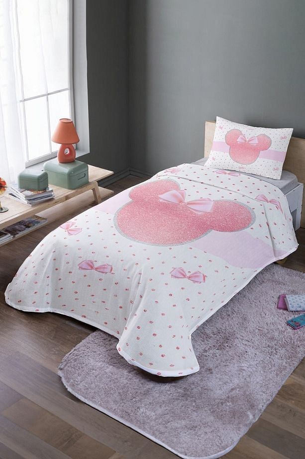 Pembe Puantiyeli Mickey Desenli Tek Kişilik Pike Takımı Ve Yatak Örtüsü - 1