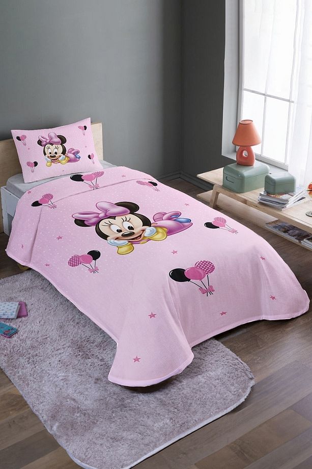 Pembe Balonlu Minnie Desenli Tek Kişilik Pike Takımı Ve Yatak Örtüsü - 2