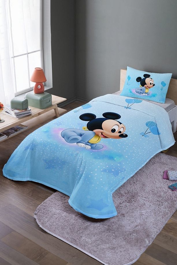 Mavi Mickey Desenli Tek Kişilik Pike Takımı Ve Yatak Örtüsü - 1