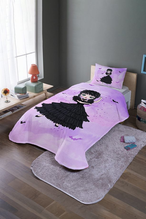 Çizgi Pembe Danscı Wednesday Desenli Tek Kişilik Pike Takımı Ve Yatak Örtüsü - 2
