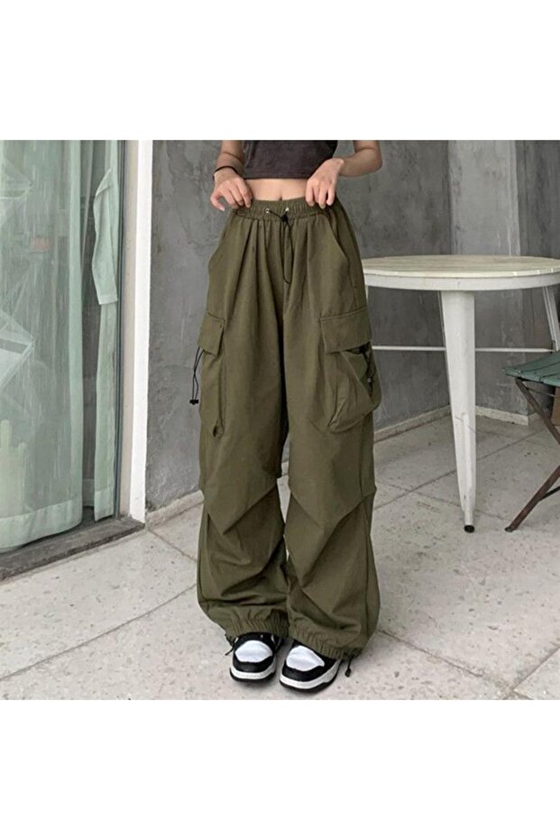 Green Tactical Parachute Fabric Oversize Unisex Trousers with Cargo Pocket