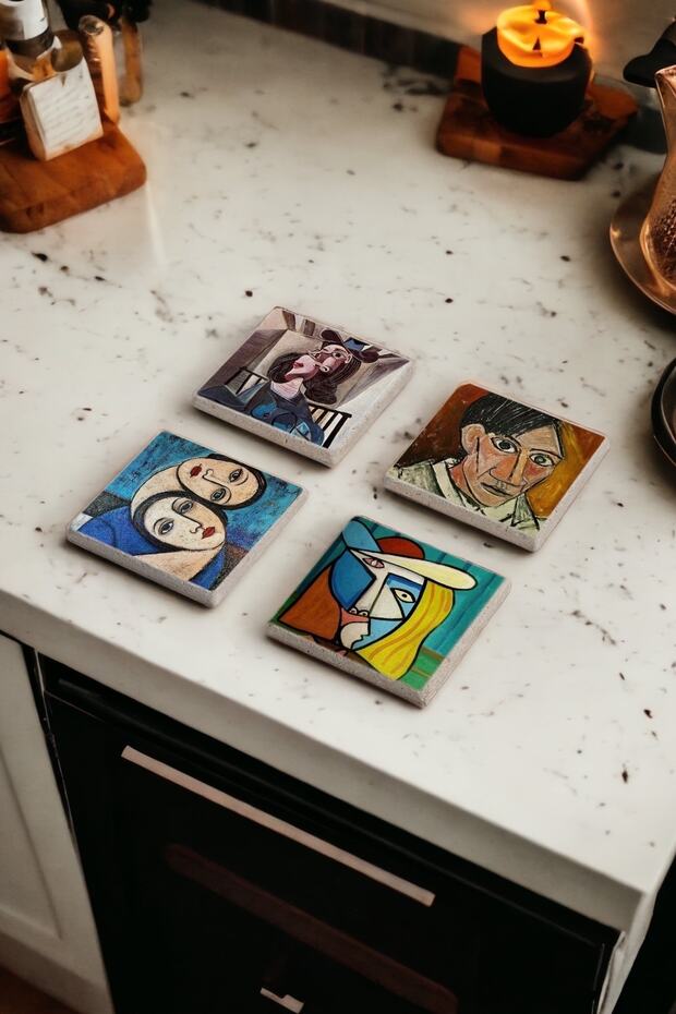 Pablo Picasso Paintings Themed Natural Stone Travertine Coasters Set of 4
