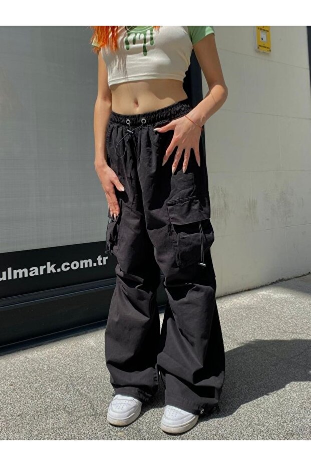 Extra Baggy Tactical Black Parachute Fabric Wide Leg Trousers with Cargo Pockets