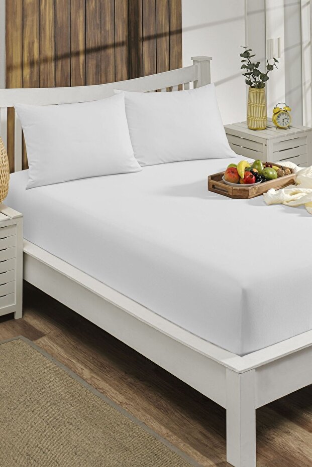 160x200 Elastic Sheet Cotton Fabric (with Pillowcase) 30 Cm Side Double White