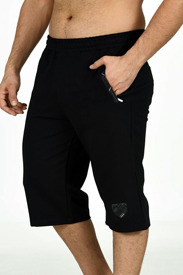 Black Men's Elastic Waist Pocket Cotton Two Thread Large Size Capri EDY201169B-S