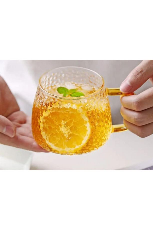 Yeni Tasarım Ezme Dövülmüş Desen Kupa Sarı Kulplu 350 ml Cam Fincan 6 Adet - 6