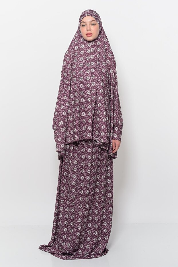 Practical Two-Piece Sun Patterned Bat Sleeve Hijab Lycra Muslim Prayer Dress 992-0317