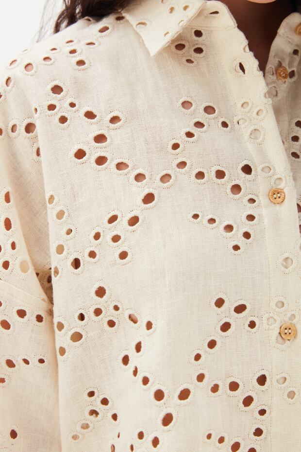 Dirsek Kol Nakışlı Keten Gömlek - 3